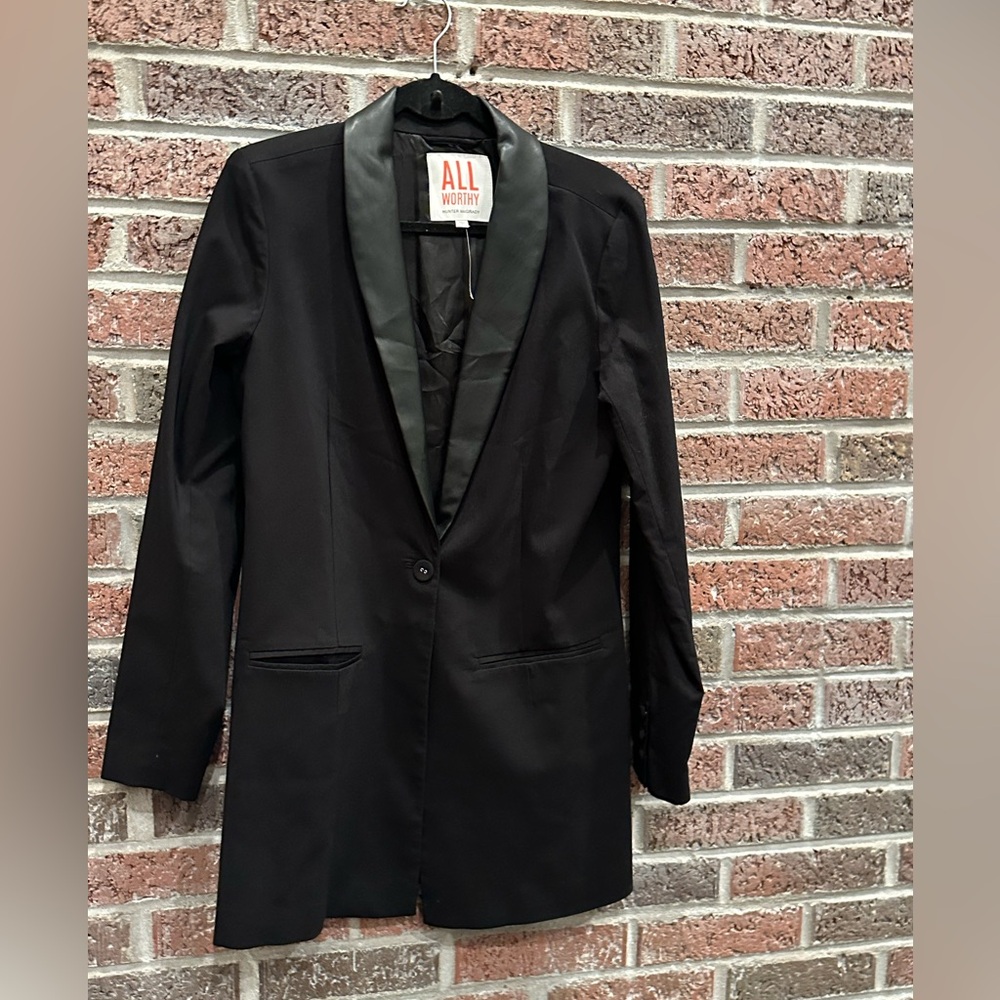 All worthy black blazer with faux leather  trim  Size 8